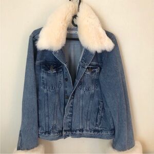 Reformation Aussie Blue Denim Jacket with Cream Faux Fur